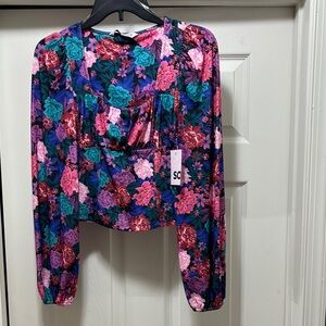 Blue and Pink Puff Sleeve Crop Blouse (NEW)